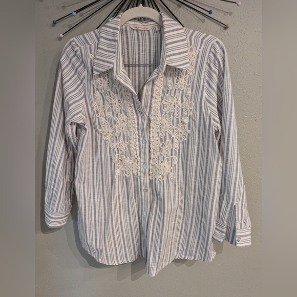 Soft Surroundings PS Top Nautical Striped Sequin Cotton Perla Beaded Embroidered - Picture 1 of 10